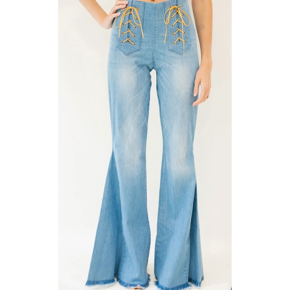 Judith March Flare Jeans Women Medium Blue Lace Up Front High Rise Raw Hem Boho